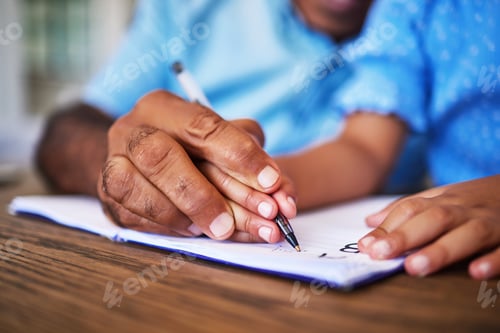 Preview: Writing, teaching and learning, hands and pen, grandfather with child practice handwriting in noteb
