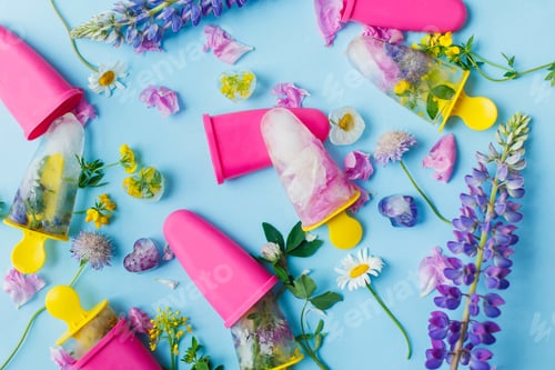 Preview: Floral Ice Pops. Colorful wildflowers in frozen popsicles and ice cubes