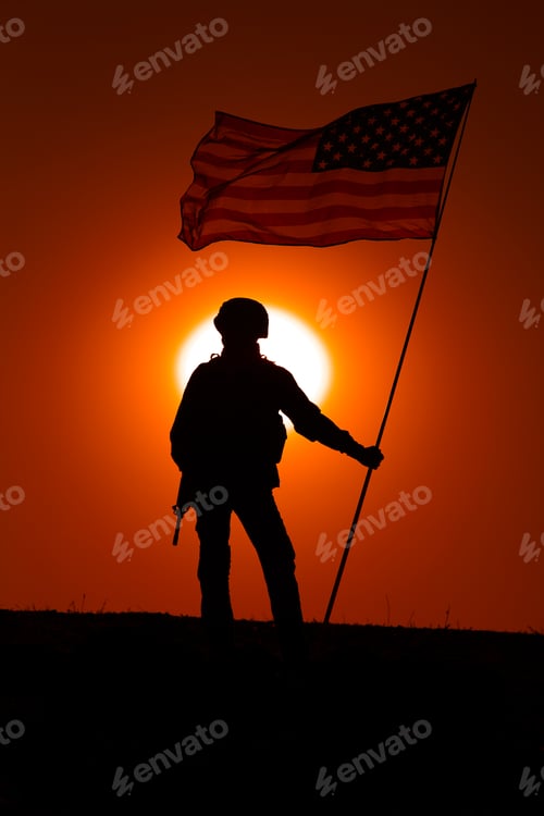 Preview: USA army soldier with flag on sunset background