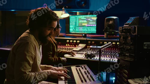 Preview: Talented artist performing in control room at studio and recording music