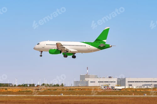 Preview: Passenger plane taking off from runway at airport on sunny day