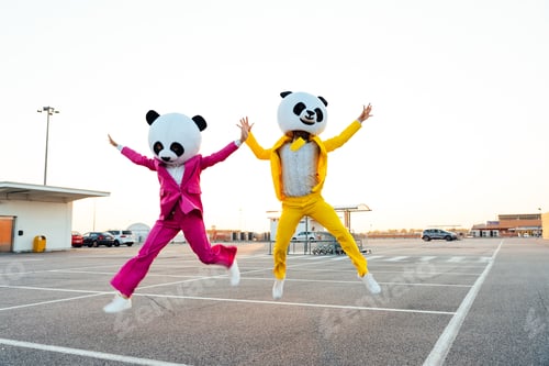 Preview: Storytelling image of a couple wearing giant panda head