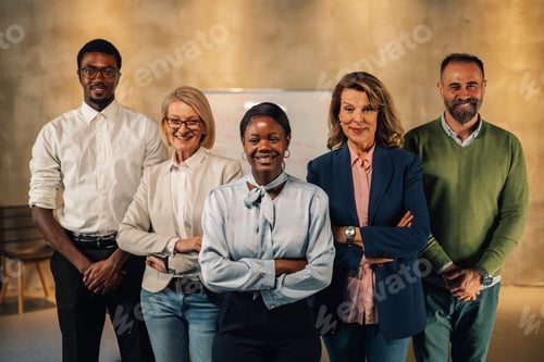 Preview: Interracial professional confident staff posing at conference room.