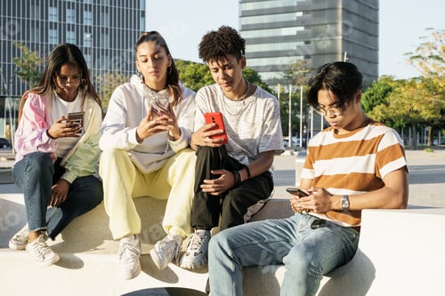 Preview: Group of friends sitting together using their mobile phones