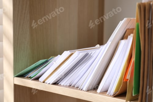 Preview: Different paper envelopes on wooden shelf in post office, closeup