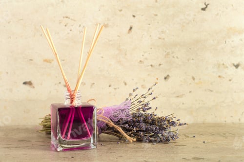Preview: Charming lavender diffuser with natural reeds and dried flowers on a rustic surface