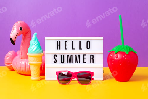 Preview: Retro vibe or 80s, nostalgic style still life with colorful summer accessories