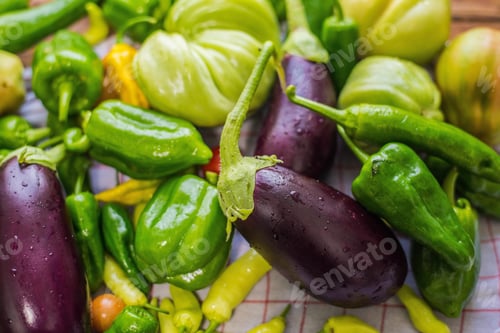 Preview: Closeup shot of fresh vegetables: peppers, eggplants
