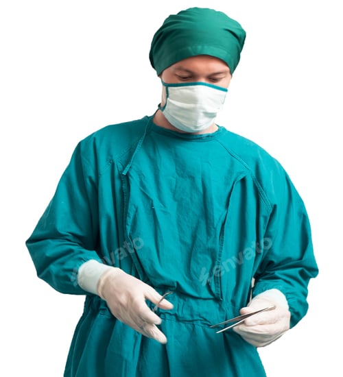 Preview: Surgeon in scrubs holds surgical tool, white background