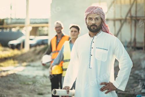 Preview: Arab construction engineer architect, Muslim builder at construction site