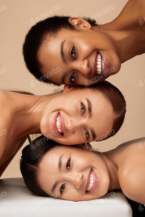 Preview: Three Multicultural Ladies Posing Over Gray Background, Beauty Portrait, Vertical