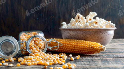 Preview: Uncooked corn kernels spilled out of a jar on a wooden table. The concept of making popcorn at home.