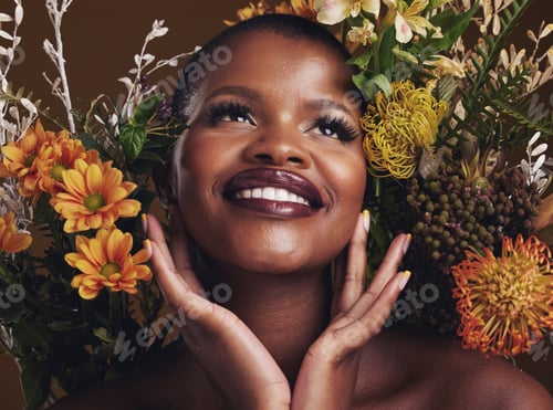 Preview: African woman, plants and ideas in studio with flowers for beauty, wellness or smile for glow by br