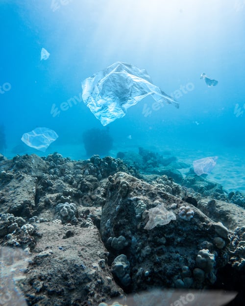 Preview: Vertical shot of the plastic bags in the depths of the ocean - water pollution