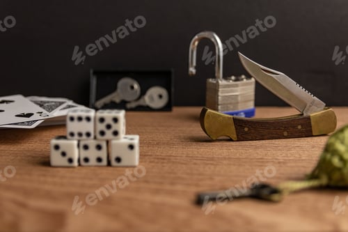 Preview: Selective focus shot of a half-open knife on a wooden surface