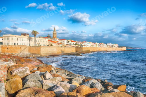 Preview: Astonishing evening cityscape of historical part of Alghero town.