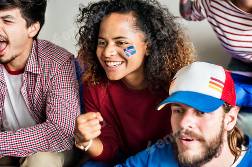 Preview: Friends cheering world cup with painted flag