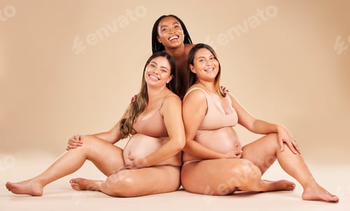 Preview: Happy women, portrait and sitting and pregnancy stomach, belly growth or baby healthcare wellness o