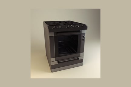 Preview: Stainless steel gas range with four burners and storage drawers