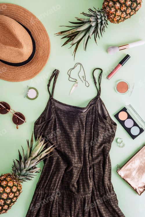 Preview: Stylish woman clothes and accessories. Summer dress, sunglasses, straw hat, makeup cosmetics