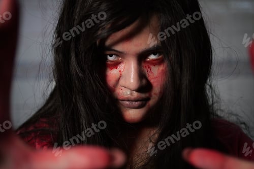 Preview: Scary woman in white dress with bloodstain after murder, Halloween concept