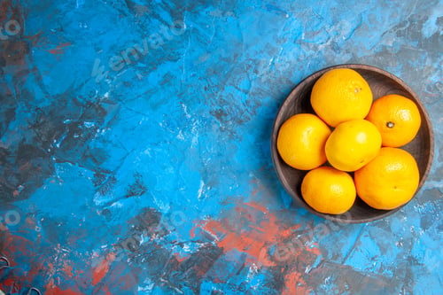 Preview: top view fresh tangerines inside plate on blue background tree color citrus fruits photo juice