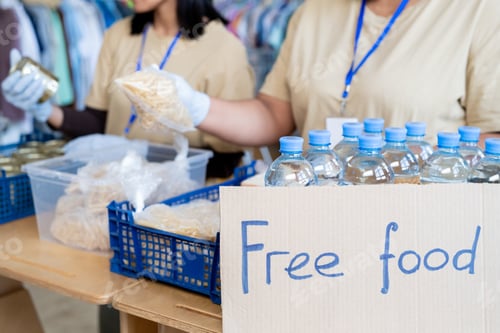 Preview: A group of people at a table with free food and plastic bottles with water