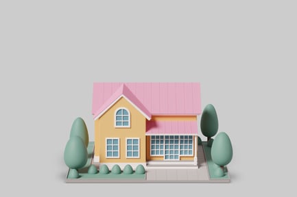 Preview: Two-story house with pink roof and yellow walls.