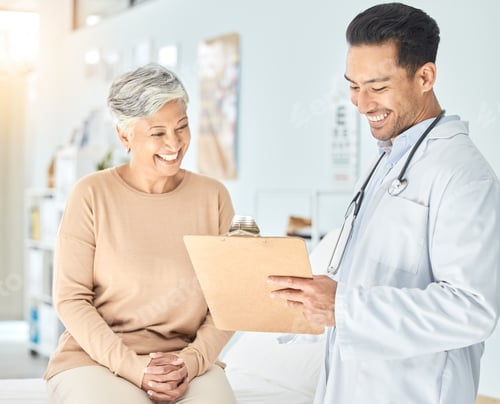 Preview: Consulting, medical and results with old woman and doctor for planning, surgery and life insurance.