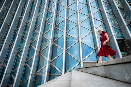 Preview: Asian woman in red dress at modern building, female girl with urban city lifestyle
