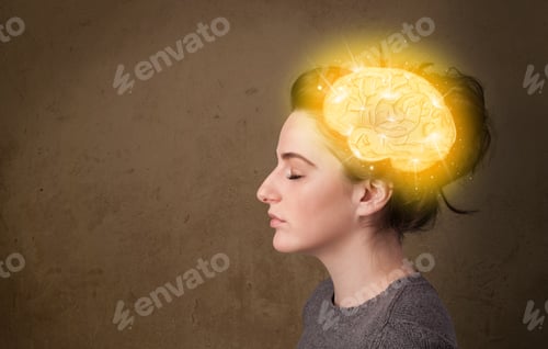Preview: Young Girl Thinking With Glowing Brain Illustration On Grungy Background