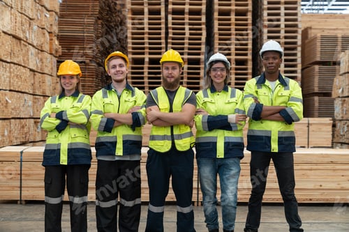 Preview: Group of man and woman workers smile and standing arms crossed in wooden factory