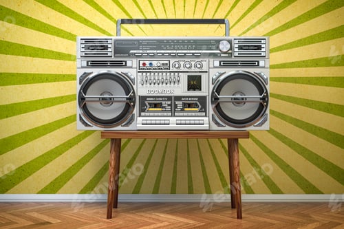 Preview: Retro ghetto blaster boombox, radio and audio tape recorder on vintage background.