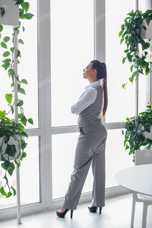 Preview: Successful business woman stand in office looking out of window. Confident female corporate CEO.
