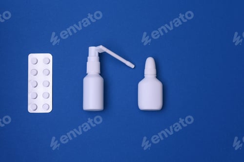 Preview: Nasal spray, throat spray, pills in a blister. copy space