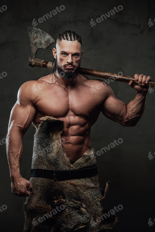 Preview: Viking with huge biceps and naked torso posing with axe
