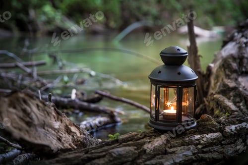 Preview: Lantern with a candle in the summer forest