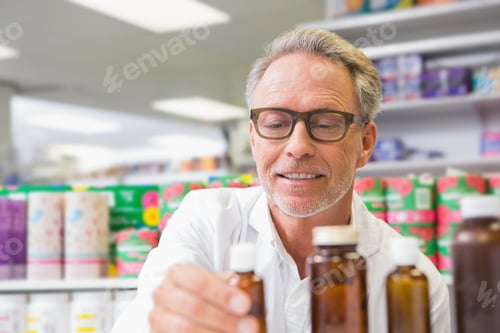 Preview: Senior holding and looking at jar of medicine in the pharmacy