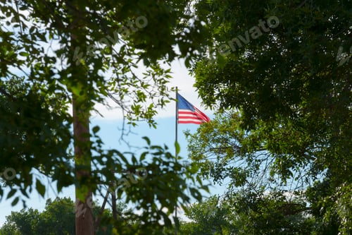 Preview: American flag, seen through trees