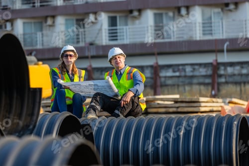 Preview: Two engineer sitting on large pipes at a construction site, reviewing blueprints.