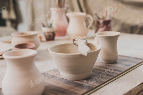 Preview: handmade clay bowls with brush on wooden table in pottery