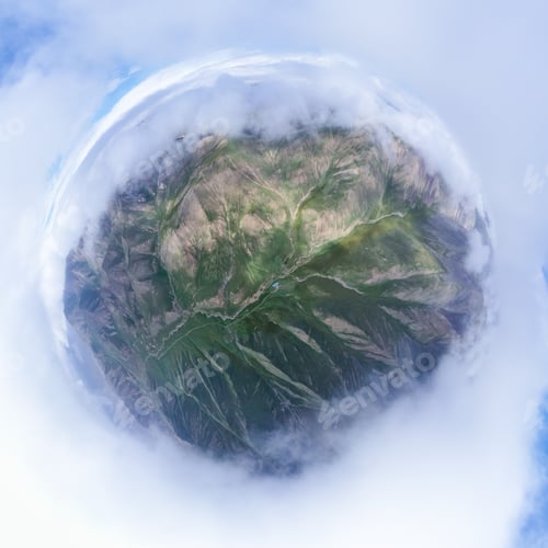 Preview: beautiful spherical panorama of misty mountains