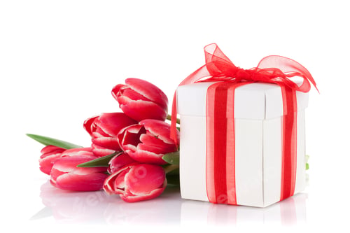 Preview: Red tulip flowers and gift box