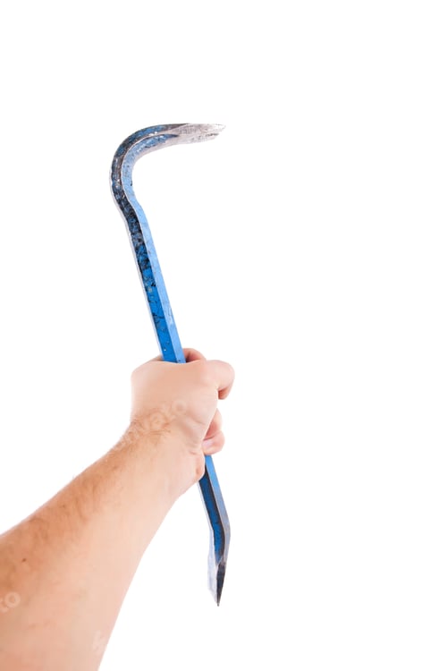 Preview: Vertical shot of a man's hand holding a blue rigged crowbar with a white background