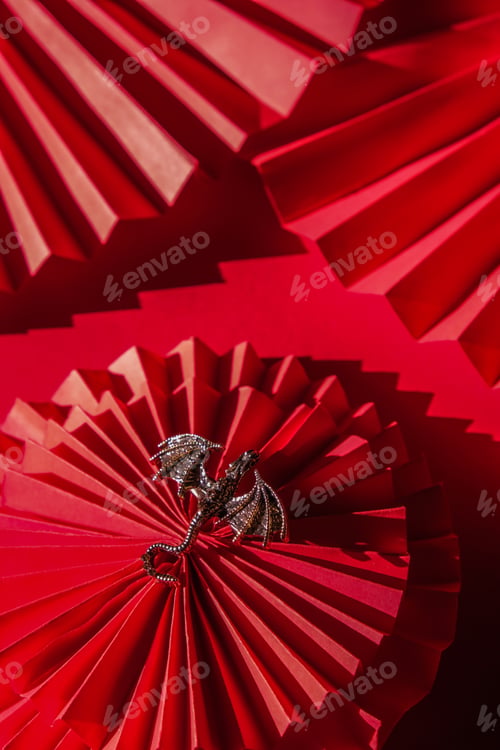 Preview: Chinese New Year .Decor pattern fan on red background. Red paper fans .Lunar New Year banner templat