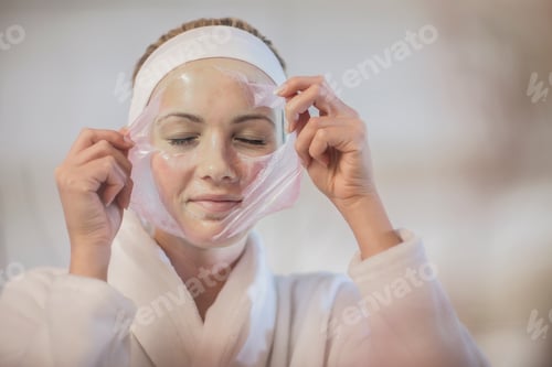 Preview: Young woman at spa removing facial mask