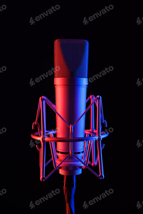 Preview: Microphone on a black stand in neon LED lighting in blue and purple colors in a recording studio.