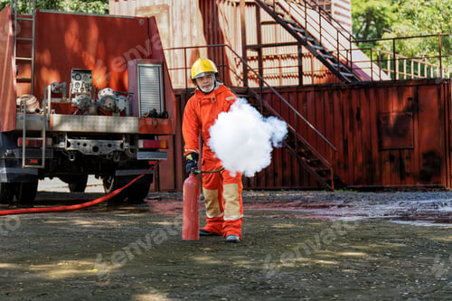 Preview: Fireman wearing fire protection suite and oxygen tank exercise hold extinguisher tank and pray