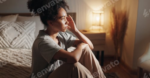 Preview: Sad, woman and relax with thinking in bedroom of insomnia, depression and remember memory of trauma
