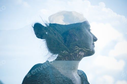 Preview: Double exposure of mid adult woman at Lake Lugano, Switzerland